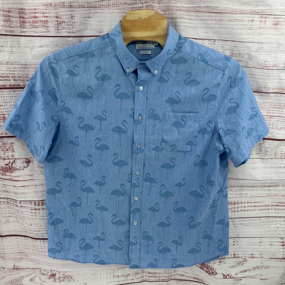 Southern Tide Shurt Mens XL Blue Flamingo Performance Short Sleeve Button Down